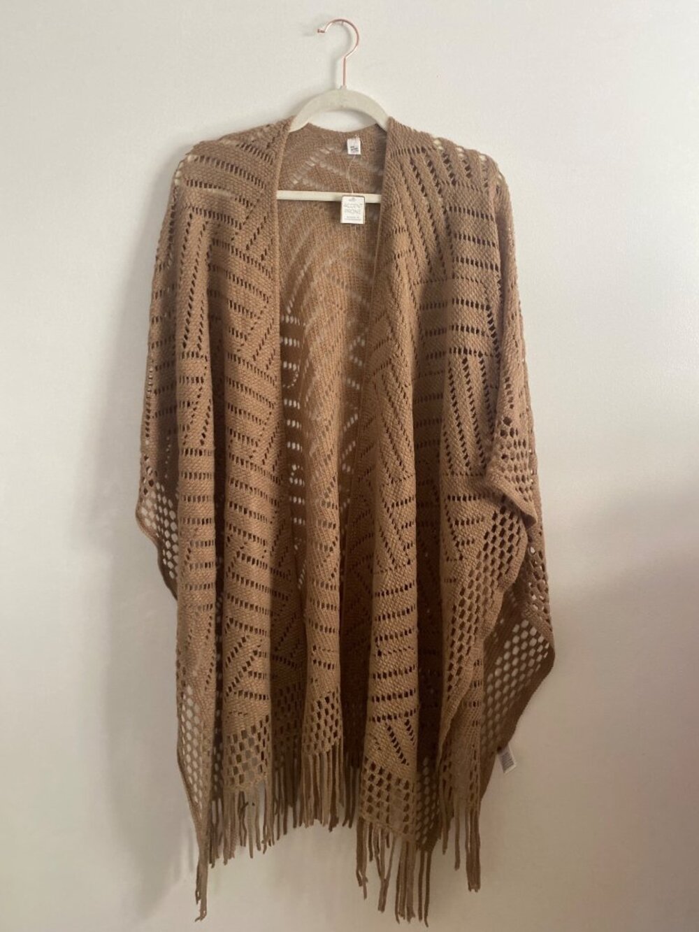 Open Knit Tan Fringe Cardigan Shawl Wrap By Accent Prone